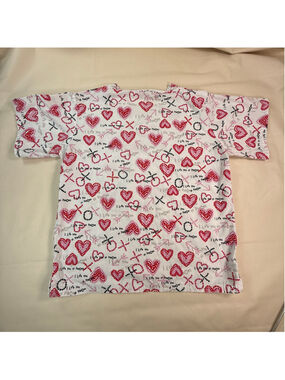 UA Scrubs Womens Scrub Top White Pink Red Hearts I Love You to Pieces Medical